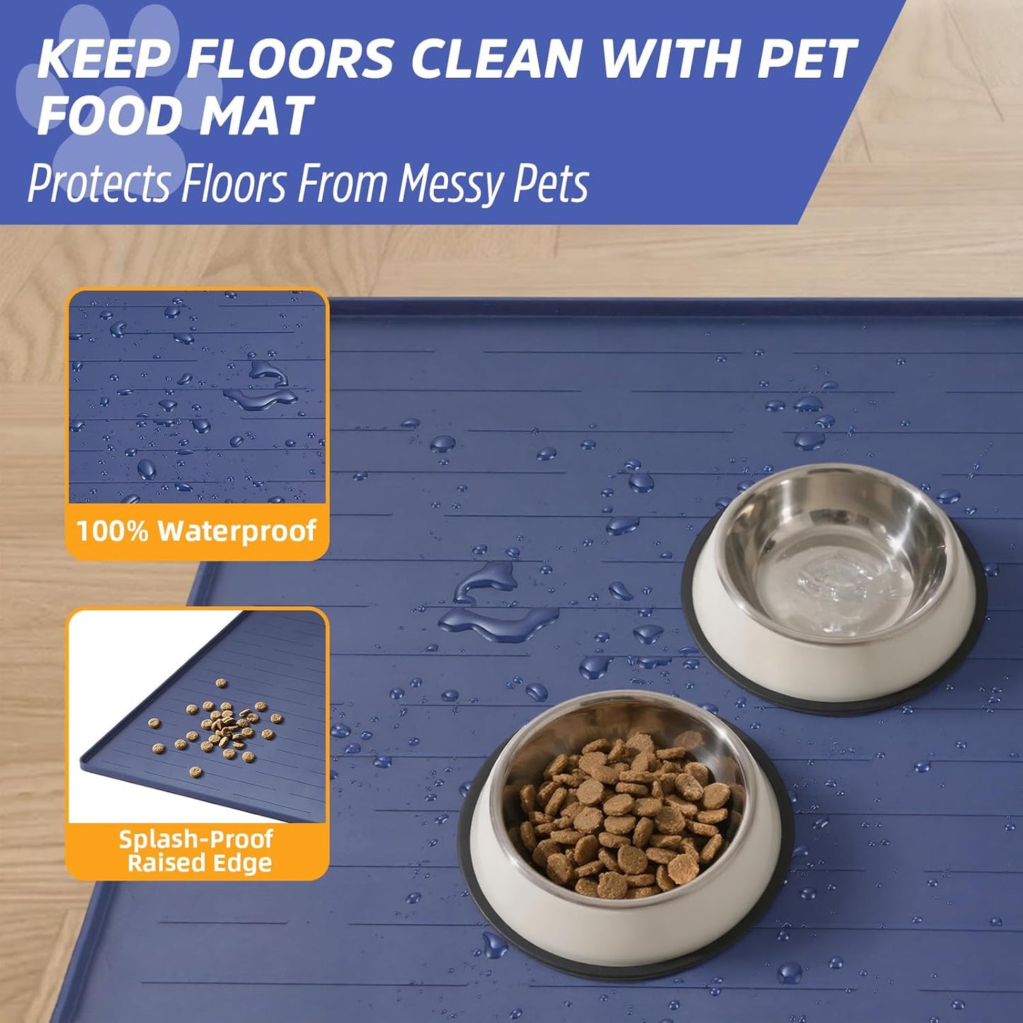 Large Dog Mats for Food and Water, 40"x30" Waterproof Pet Food Mats for Floor Nonslip Silicone Bowl Mats with Raised Edges