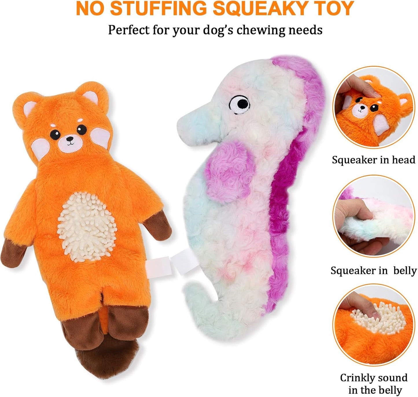 Non-Stuffed Plush Dog Toys 3-Pack - Sized for Small, Medium & Large Breed Puppies, Interactive Squeaky Crinkle Chew Toys