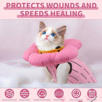 EMUST 2PCS Cat Recovery Suit and Cat Cone Collar Female, Cotton Breathable Cats Spay Recovery Suit, Adjustable Cute Flower Neck for Cats 8-16lb(Pink, L)