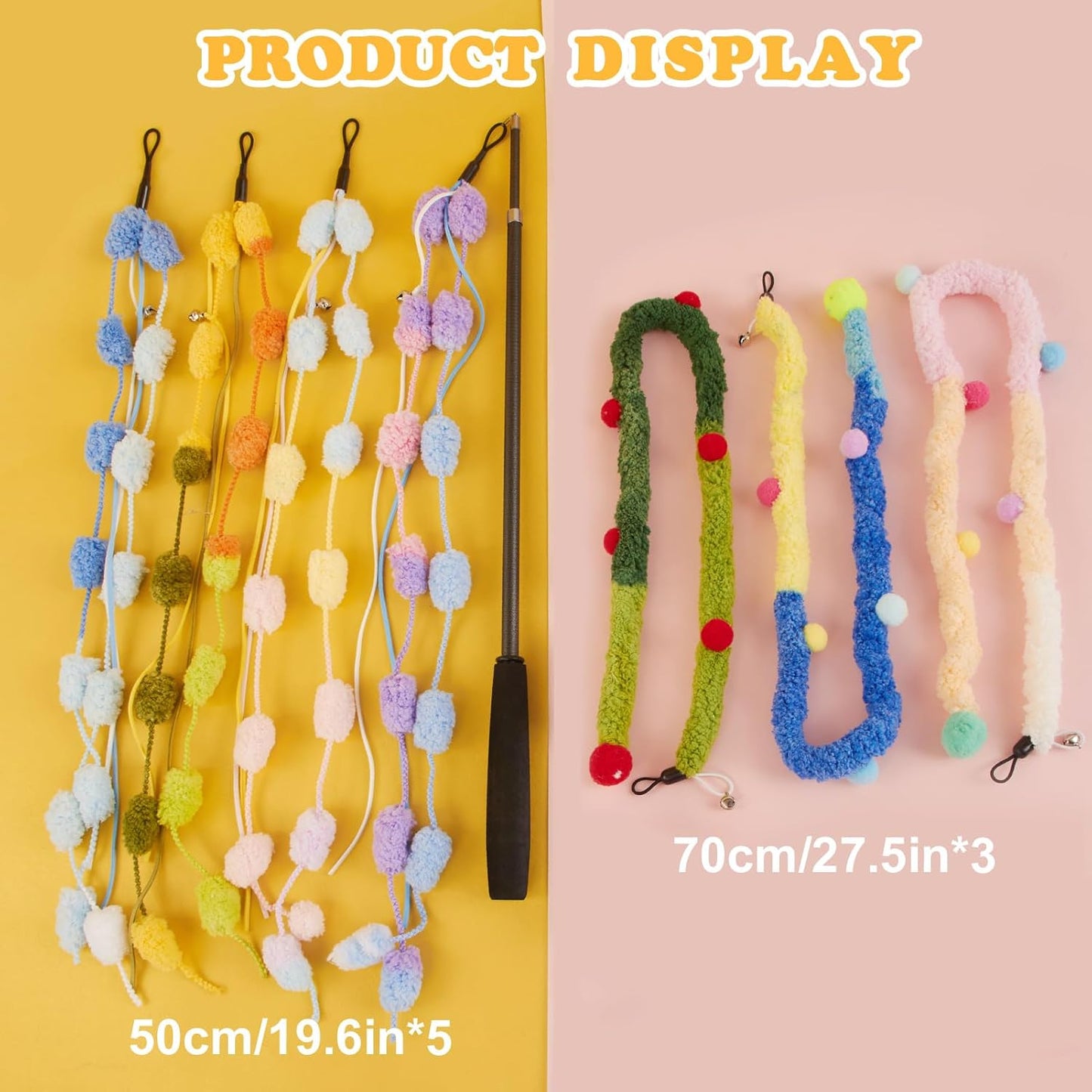 Cat Wand Toy, 8Pcs Retractable Plush Srtip Cat Teaser Wand Toys with Bell & String, Long Interactive Wand Toys for Indoor Kitten, Exercise