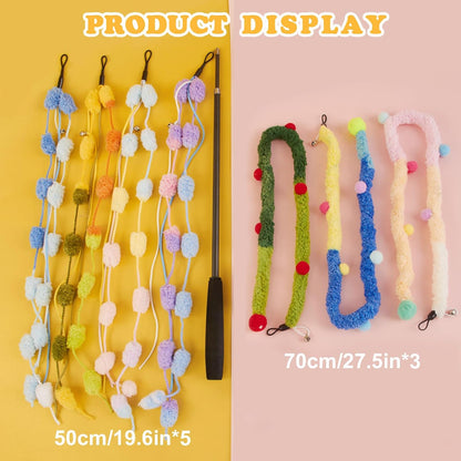 Cat Wand Toy, 8Pcs Retractable Plush Srtip Cat Teaser Wand Toys with Bell & String, Long Interactive Wand Toys for Indoor Kitten, Exercise