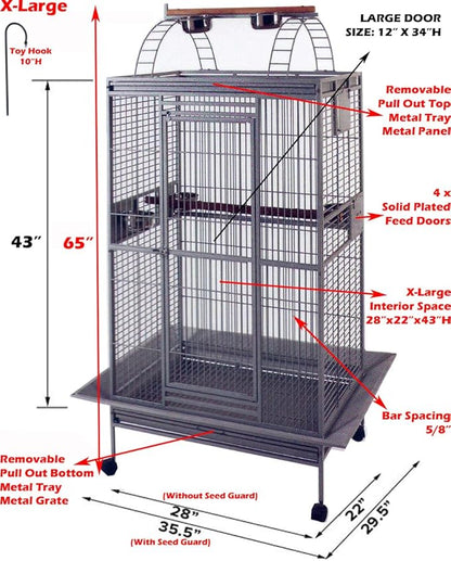 Extra Large 28" x 22" x 65"H Double Ladders Open Play Top Wrought Iron Bird Parrot Parttot Finch Macaw Cockatoo Cage, Include Seed Guard and Toy Hook