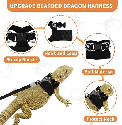3 Pack Bearded Dragon Leash and Harness Set, Retractable 9.8FT Leash with 3 Sizes Adjustable Soft Harness for Reptile Small Animals Walking, Cute Lizard Vest Clothes for Reptile Lovers -Black