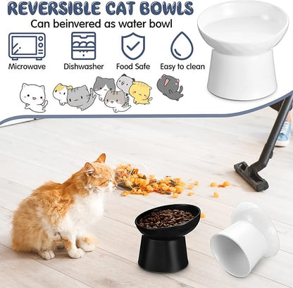 Tanlade 4 Pcs Ceramic Raised Cat Bowls, Elevated Tilted Cat Bowl, Stress Free, Backflow Prevention, Dishwasher and Microwave Safe for Indoor Kitten, Puppies(White and Black)