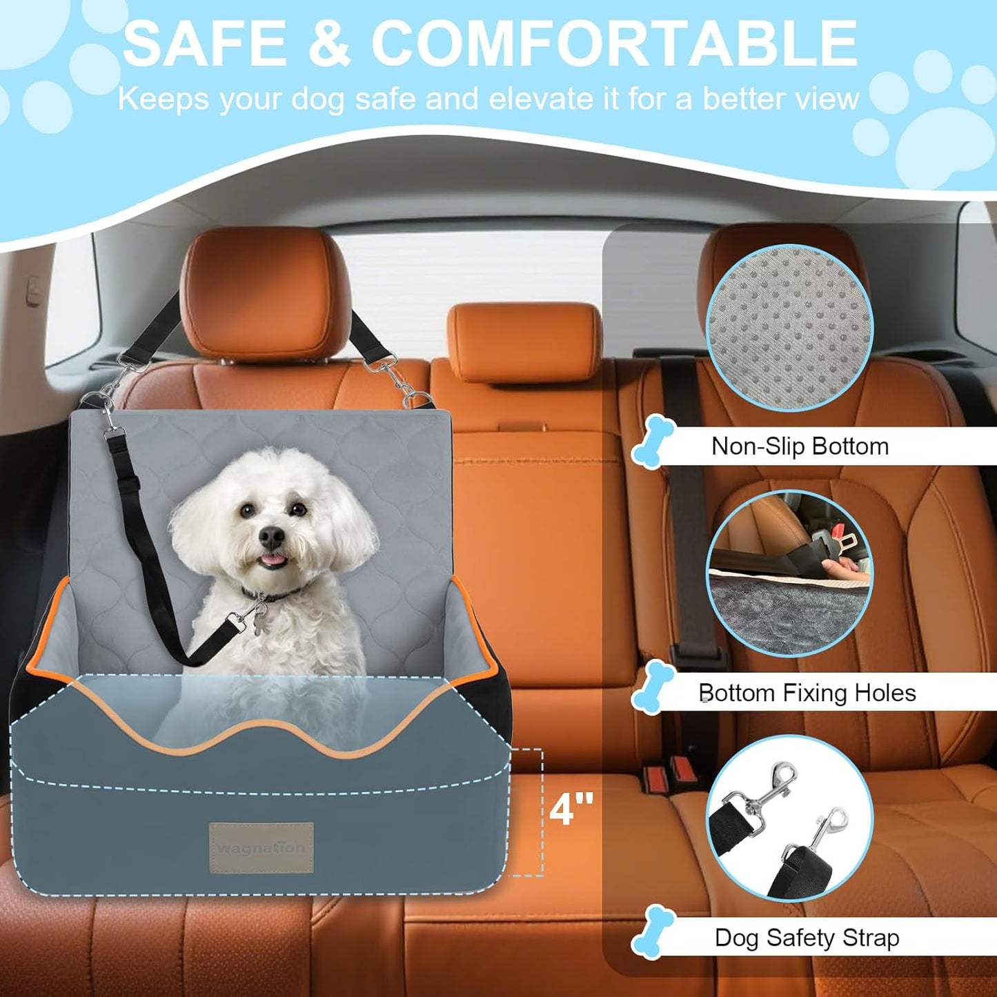 Dog Car Seat for Small/Medium Dogs Under 35lbs, Pet Booster Seat with 4In Memory Foam Cushion, Fully Detachable and Washable, Travel Dog Carseat with Storage Pocket and Safety Belt