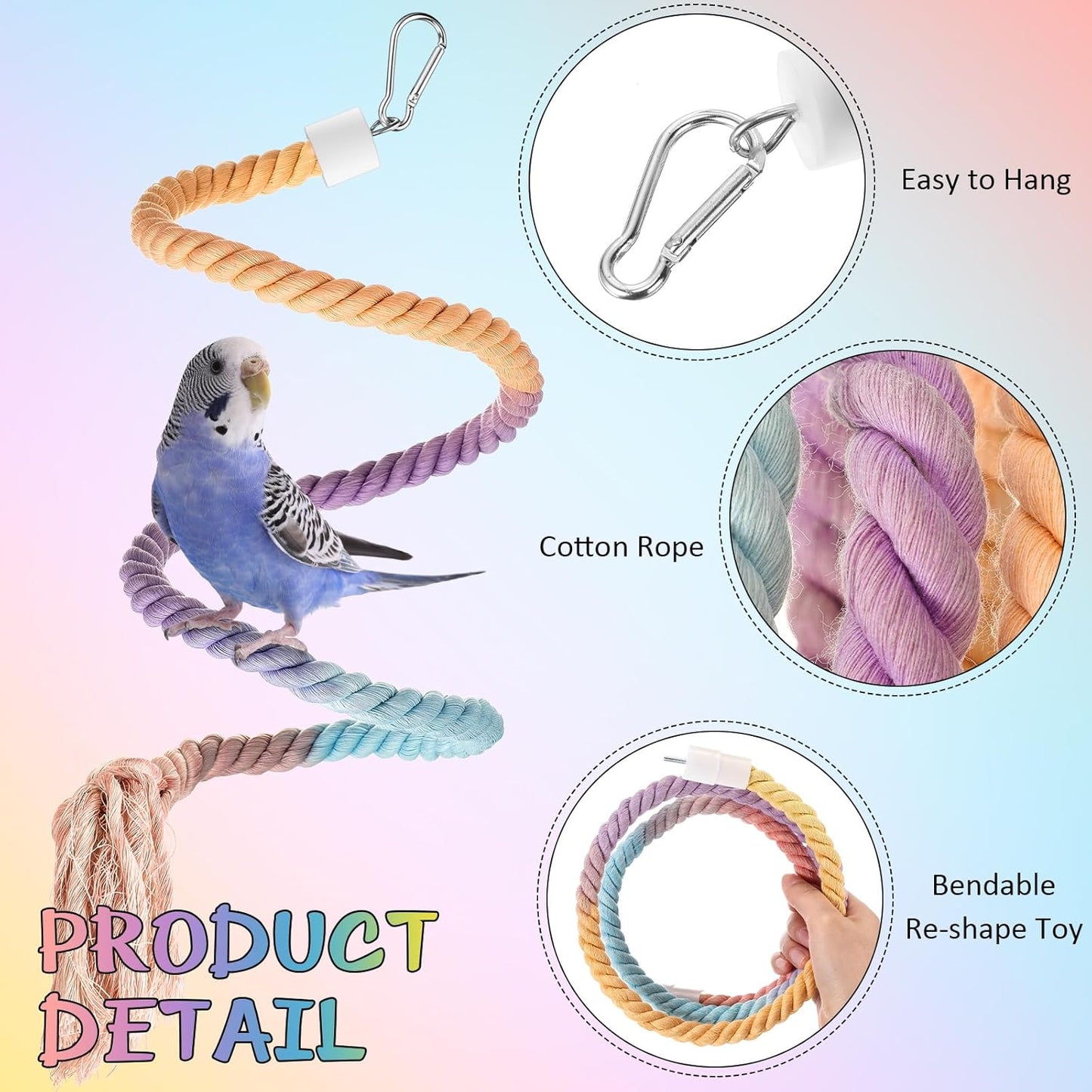 Skyygemm 2 Pcs Gradient Bird Rope Perch Stand 39.4" and 16.3" Bird Cage Climbing Rope Toys Accessories Multicolor Cotton Perches for Parrots, Cockatiels, Parakeets, Budgies, Lovebird, Conures, Finches