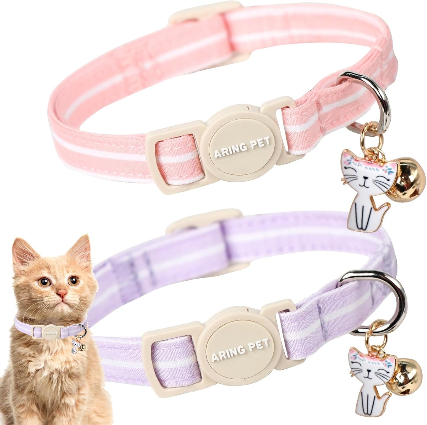 ARING PET 2 Pack Cat Collar-Cute Cotton Cat Collar with Bell & Pendant, Adjustable Pink Lavender Striped Kitten Collars with Safety Buckle for Girl and Boy Pets
