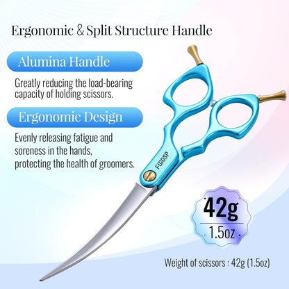 Professional Curved Dog Grooming Scissors with Sharper Self Grinding lightweight and finely trimmed split structure 6.5'' Japan VG10 63HRC for small dogs cat pet(Blue)