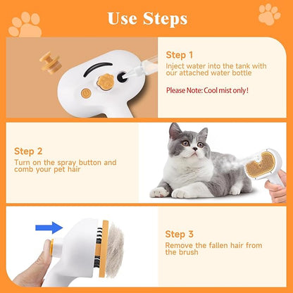 Cat Steam Brush, Pet Steam Brush for Cat & Dog, Mist Spray Comb, Spritz Defur Tool, Water Grooming Kit, Dog Hair Removal Steam Cleaner with Release Button Contains 1*Shampoo, Dental Wipes