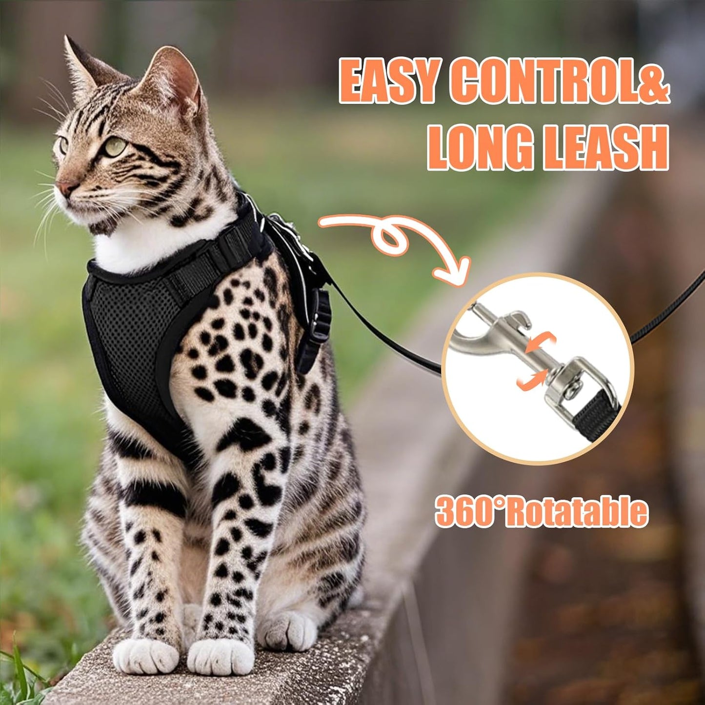 Cat Harness and Leash Set,Escape Proof Adjustable Cat Harness,Soft and Breathable Kitten Harness and Leash with Reflective Strips for Walking and Traveling(Black,S)