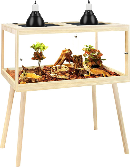 Prolee Bearded Dragon Tank with Leg Stand,Wooden Lizard Tank,Reptile Tank with Metal Mesh Roof Door, Acrylic Panel Snake Tank with Lock Design (Oak, 32"x16"x16")