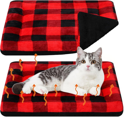 VitalCozy 2 Pack Self Warming Cat Mat Self Heating Pad Bed Reversible Machine Washable Reflects Body Heat Warm Thermal Pet Pad Crate Blanket for Feral and Indoor Cat (Black, Red,22'' X 18'',Plaid)
