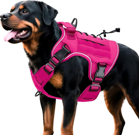 Heavy-Duty Tactical Dog Harness for Large Dogs, No Pull Adjustable Reflective Pet Vest with Molle System, K9 Military-Grade Control for Service Training, Outdoor & 10+ Breeds, Hot Pink, X-Large