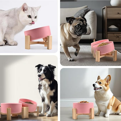 SPUNKYJUNKY 15° Slanted Ceramic Dog and Cat Bowl with Wooden Stand, Tilted Bulldog Food and Water Bowl No Slip Non-Spill for Cats Medium Dogs Big Face Pets 13.5 OZ (1.7 Cups, Pink × 2)