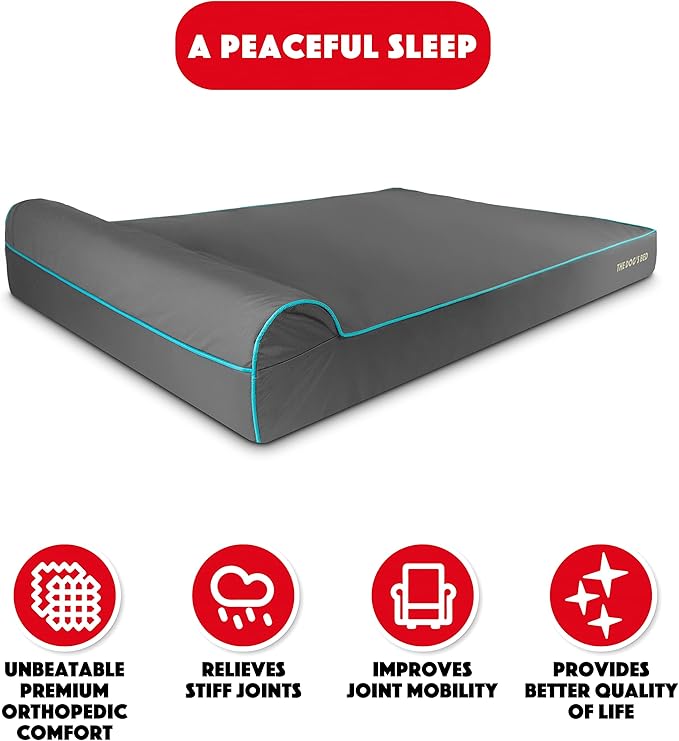 The Dog’s Bed Orthopedic Headrest Dog Bed XXXL Grey/Blue, Memory Foam, Pain Relief for Arthritis, Hip & Elbow Dysplasia, Post Surgery, Lameness, Waterproof Washable Cover