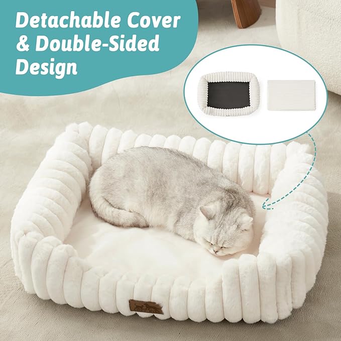 Cute Pet Bed for Small Dogs & Cats - Washable Rectangle Dog Bed with Anti-Slip Bottom, Soft Calming Cat & Puppy Bed for Indoor Pets (30"x23"x7", Cream)