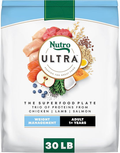 Nutro Ultra Adult Weight Management Dry Dog Food, Chicken, Lamb and Salmon Protein Trio, 30 lb. Bag
