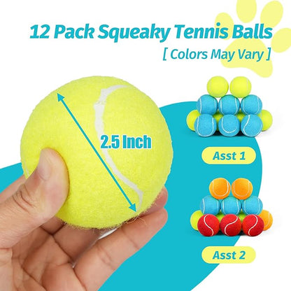 Prime Pets Tennis Balls for Dogs, 2.5 Inch, 12 Pack, Squeaky Dog Toy, Interactive Pet Fetch Ball for Medium and Large Dogs, Squeaky Dog Toys (Random Color Shipping)