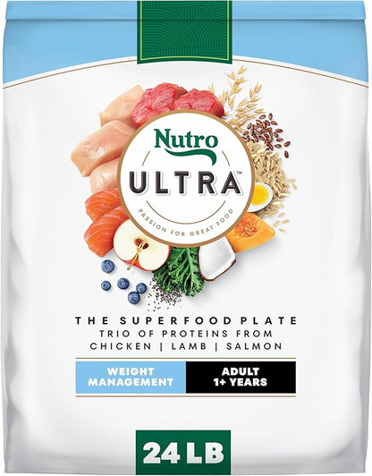 Nutro Ultra Adult Weight Management Dry Dog Food, Chicken, Lamb and Salmon Protein Trio, 24 lb Bag