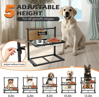 Elevated Dog Bowls with Slow Feeder Dog Bowls, 5 Height Adjustable Raised Bowl Stand with 2 Stainless Steel Food & Water Container, Pet Bowl Elevated for Medium Large Pet