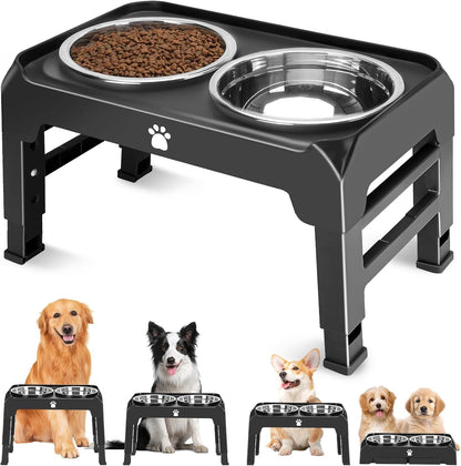 Elevated Bowls with Adjustable Heights - Raised Stand with 2 Stainless Steel Food Bowls, Non-Slip Foldable Feeder for Medium Large Dogs, Adjusts to 12.36", 10.75", 9.2", 3.7", Black