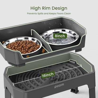 KPWACD 3-in-1 Elevated Dog Bowls Mess Proof Raised Slow Feeder Dog Bowls, 4 Height Adjustable Stand Licking Plate with 2 56oz Stainless Steel Doggy Food Dish for Small Medium Large Pets