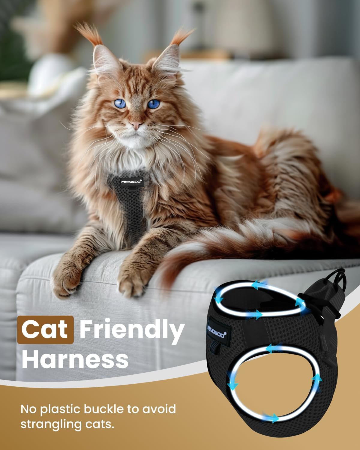 FAYOGOO Cat Harness and Leash Set | Upgrade Step-in Escape Proof Harness | Lightweight Soft Vest, No-Choke Design for Walking, Travel, Camping (Black)