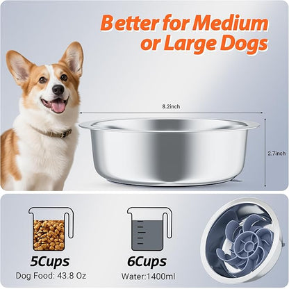 Stainless Steel Dog Bowls with Suction Base 2 Pack,Non-Slip Pet Food and Water Bowls Set with One Slow Feeder Insert for Tile/Hardwood/Smooth Floors
