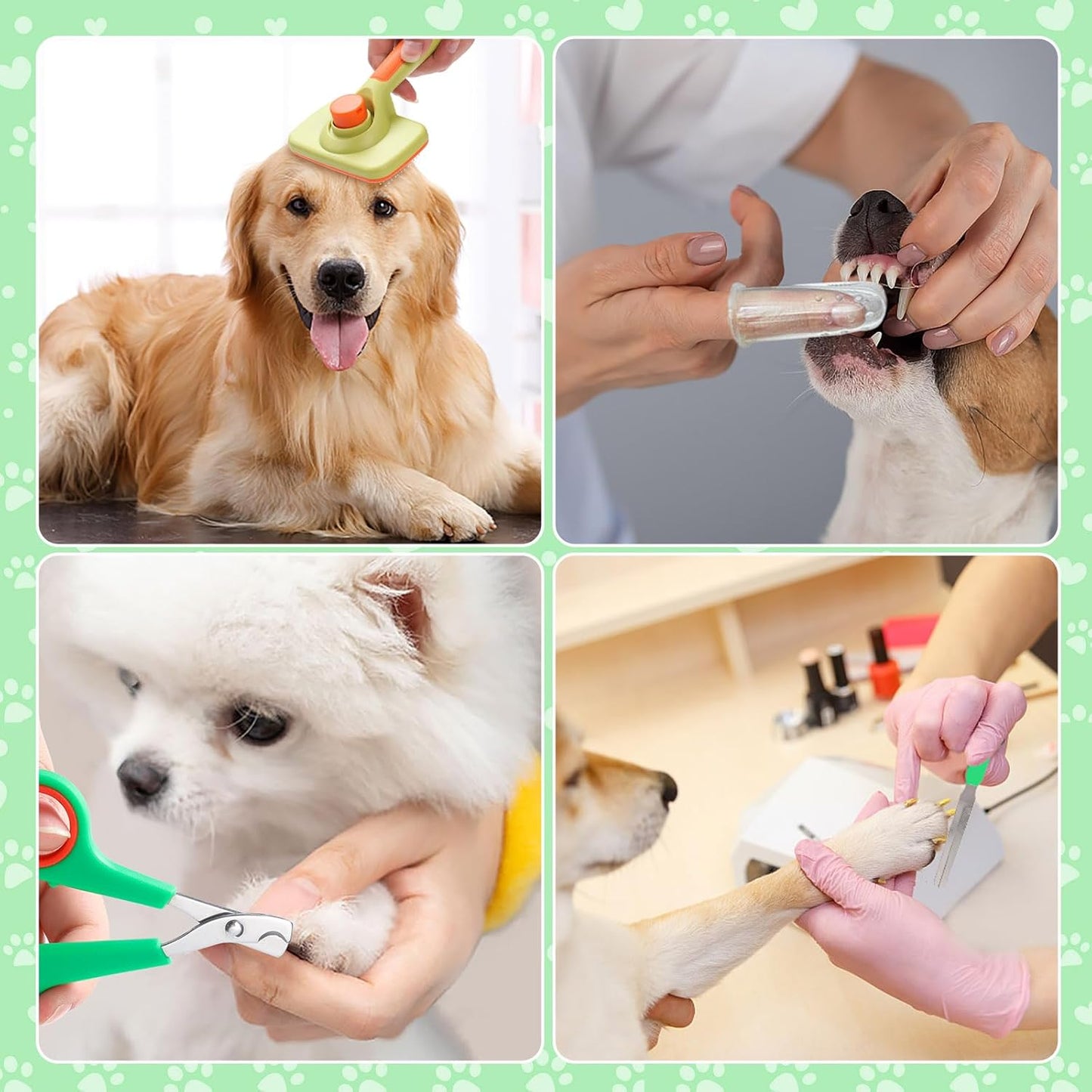 VCZONE 8 Pcs Dog Grooming Kit: Nail Clipper, Flea Comb, Shampoo Brush, Shedding Brush, Dematting Comb, Silicone Toothbrush (Green)