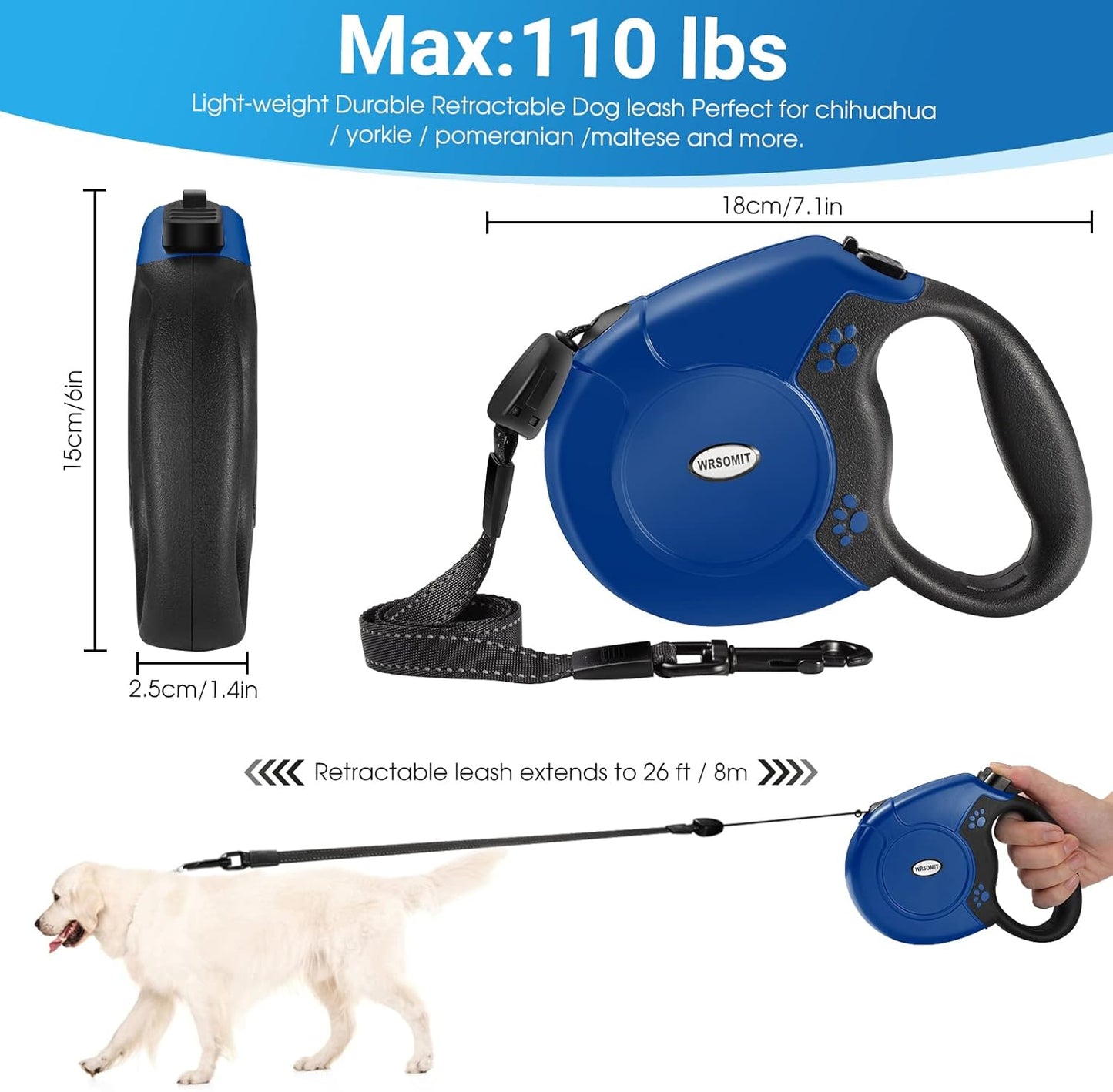 Retractable Dog Leash, 26 Ft Heavy Duty Pet Walking Leash for Small Medium Large Dogs up to 99lbs, Anti-Slip Handle, 360 ° No Tangle, Nylon Tape, One-Handed Brake (Blue)
