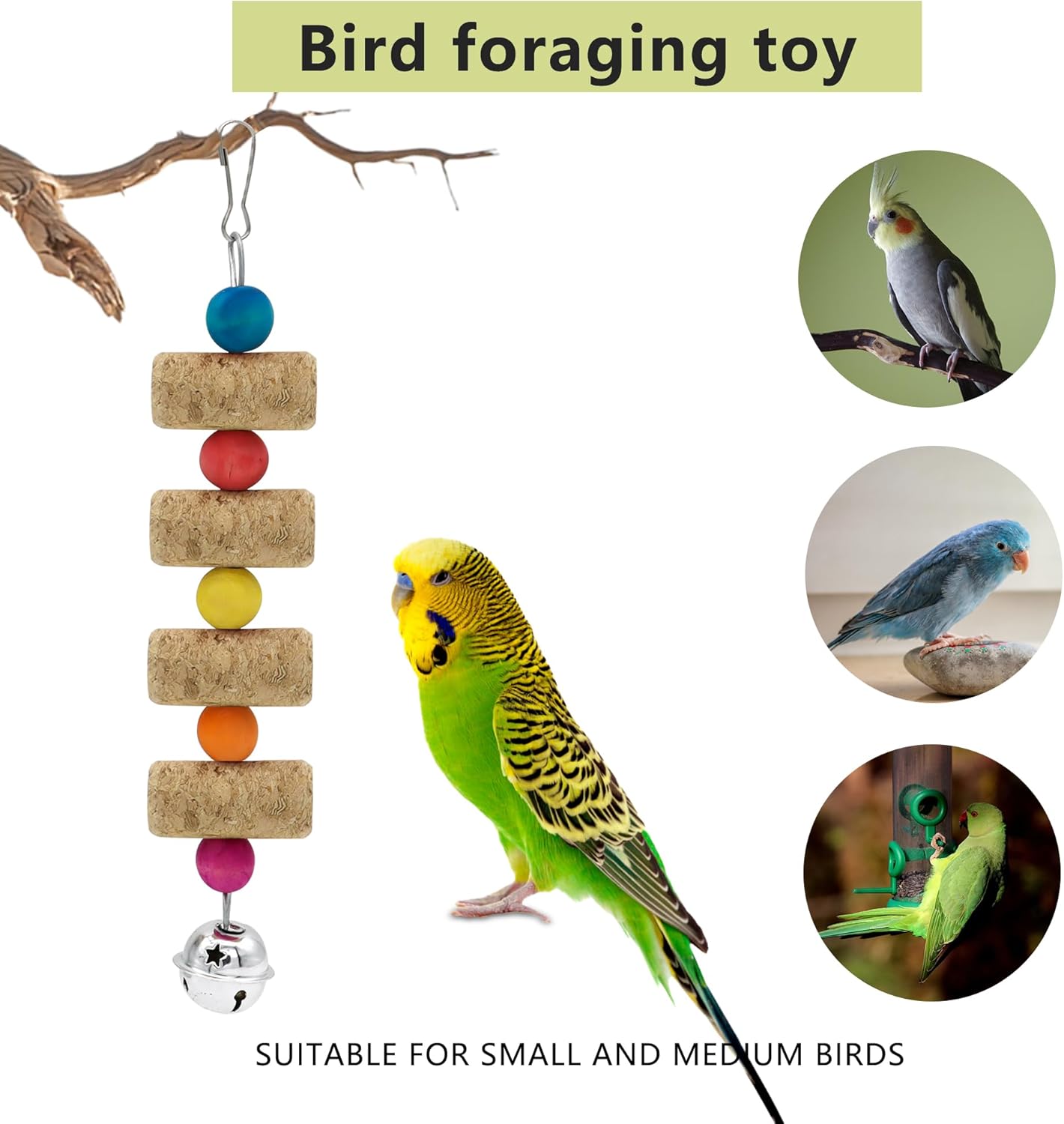 4Pcs Bird Chewing Toy, Parrot Cork Gnawing Skewers With Bell, Hanging Colorful Wooden Bead Cockatiels Beak Trimming for Birdcage (Four Packs-Bell Parrot Toy)