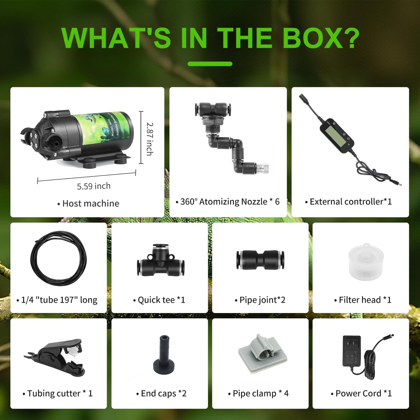 Reptile Mister System, External Timer & 360° Adjustable Nozzle, Humidifier for Reptiles, Amphibians, Rainforest Plants and Aquariums