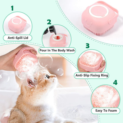 Dog Bath Supplies, 6PCS Bath Grooming Kit with Storage Bag - Self Cleaning Slicker Brush, Shampoo Brush & Scrubber, Dog Grooming Gloves for Short & Long Haired Dogs & Cats (Pink)