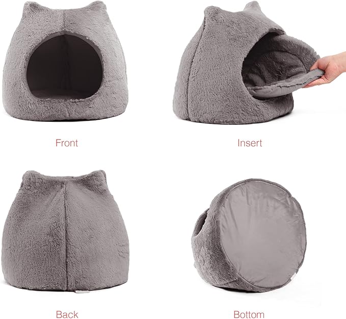 Best Friends by Sheri Meow Hut Fur Dome Pet Bed – Covered Cat Cave for Cats & Small Dogs up to 15 lbs, Faux Fur Hideaway with Water-Resistant Bottom, Machine Washable, Gray