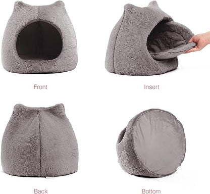 Best Friends by Sheri Meow Hut Fur Dome Pet Bed – Covered Cat Cave for Cats & Small Dogs up to 15 lbs, Faux Fur Hideaway with Water-Resistant Bottom, Machine Washable, Gray