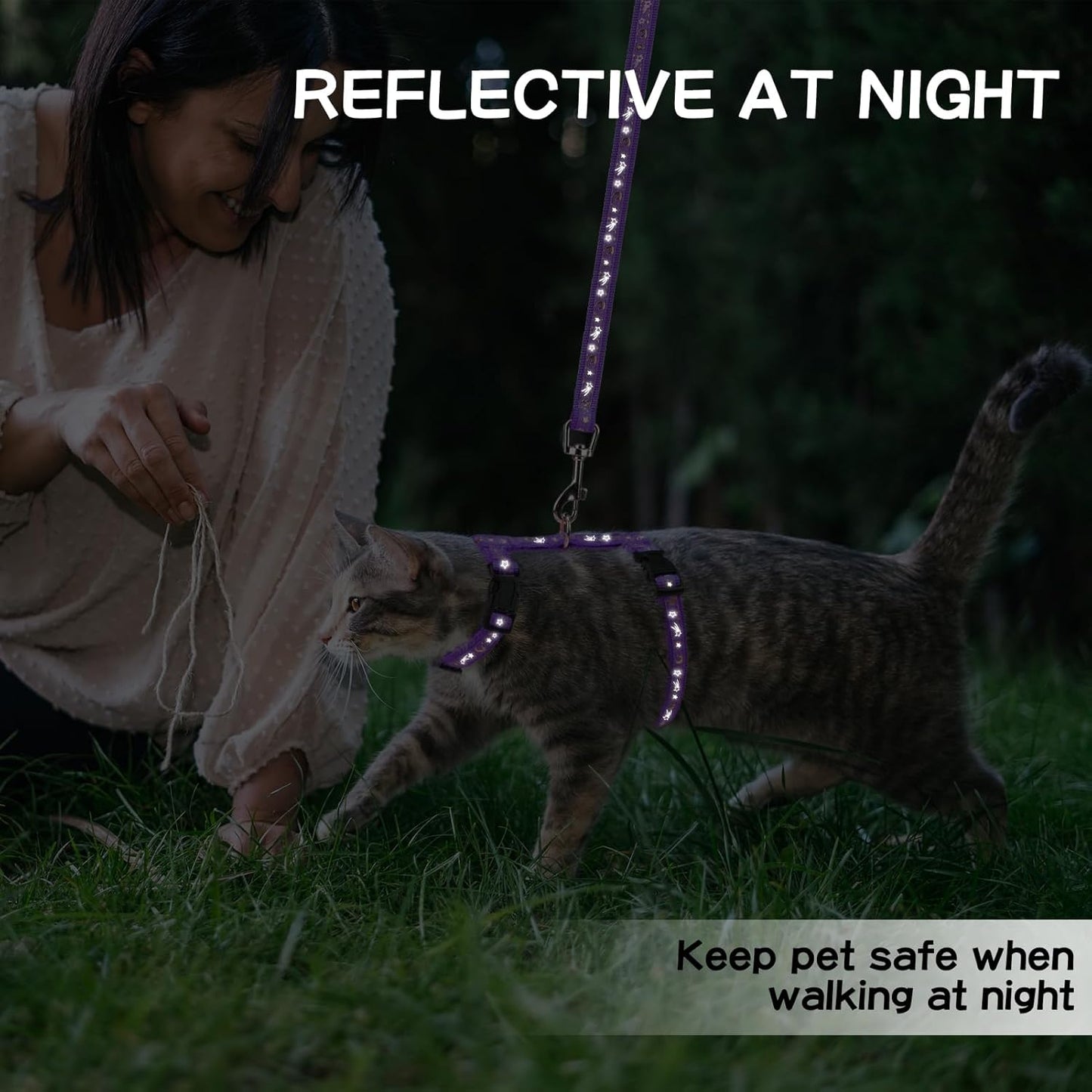 PAWCHIE Cat Harness with Leash and Collar Set - Escape Proof Adjustable H-shped Cat Harness with Star and Moon Pattern Glow in The Dark for Kitty Outdoor Walking, Purple M
