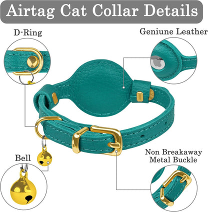 OOPSDOGGY Leather AirTag Cat Collar with Bell - Non Breakaway Kitten Collar with Apple Air Tag Holder - Lightweight GPS Pet Collars for Girl Boy Cats, Small Dogs, Puppies (Aquamarine)