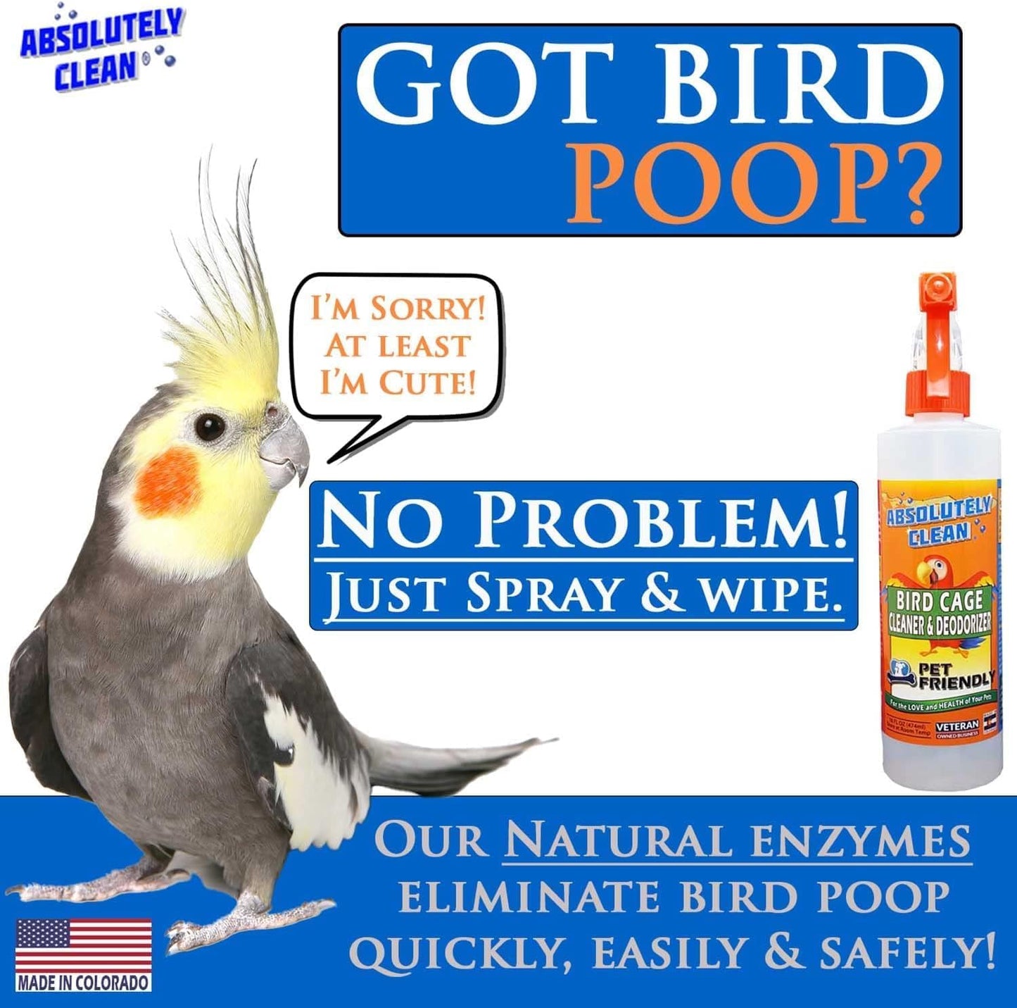 Absolutely Clean Amazing Bird Cage Cleaner and Deodorizer - Just Spray/Wipe - Safely & Easily Removes Bird Messes Quickly and Easily - Made in The US - Fragrance Free - (128oz Pack of 4)
