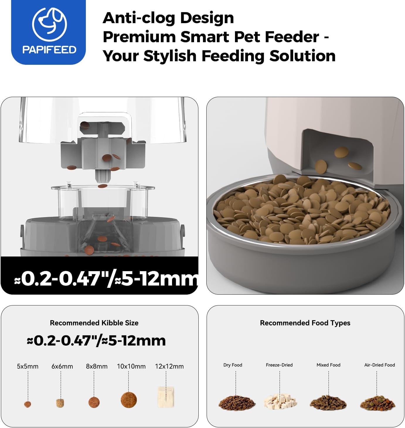 PAPIFEED Automatic Cat Feeder, 2.4G WiFi Auto Cat Food Dispenser with App Control, 3L Auto Pet Feeder with Dual Power Supply, Detachable for Easy Clean for Cats and Small Dogs, Grey