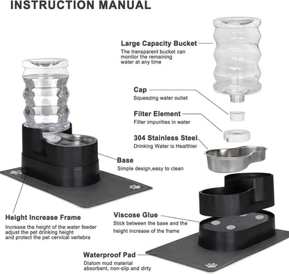 RIZZARI Automatic Cat Water Dispenser: Black 7L Elevated - Stainless Steel Gravity Feeder - Splash Guard Mat