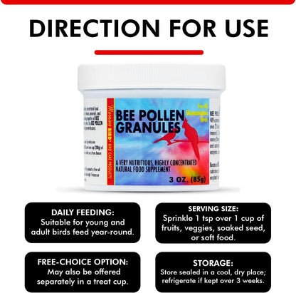 Morning Bird Bee Pollen Granules 3 Oz – Naturally Immune Support & Protein Powder for Birds – Boosts Strength, Feather Health & Energy Supplements – Easy to Mix with Food for All Bird Types