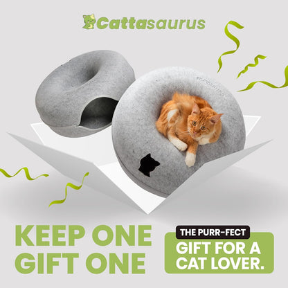 CATTASAURUS Peekaboo Cat Cave for Multiple & Large Cats Up to 30-45 Lbs, Scratch Detachable & Washable Tunnel Bed, Comfy Donut Cat Cave (Light Gray + Light Gray, Large)