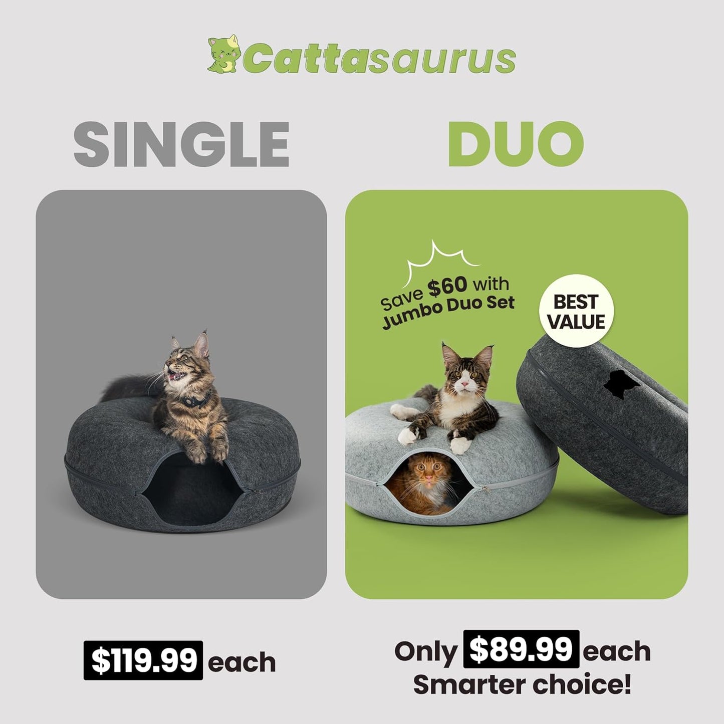 Cattasaurus Peekaboo Cat Cave, Extra Spacious for Multiple & Large Cats 12+ lbs, Scratch Detachable Beds for Indoor Cats, Washable Tunnel Bed, Comfy Cat Donut Tunnel (Light Gray+Dark Gray, Jumbo)