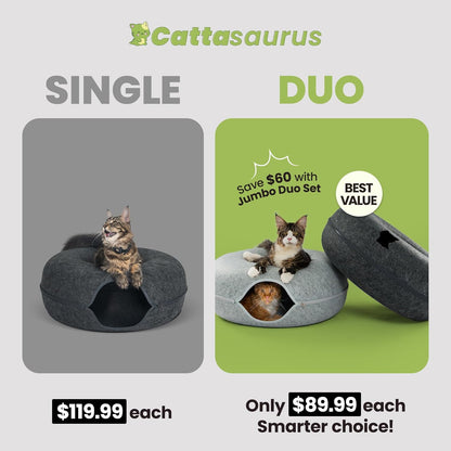 Cattasaurus Peekaboo Cat Cave, Extra Spacious for Multiple & Large Cats 12+ lbs, Scratch Detachable Beds for Indoor Cats, Washable Tunnel Bed, Comfy Cat Donut Tunnel (Light Gray+Dark Gray, Jumbo)