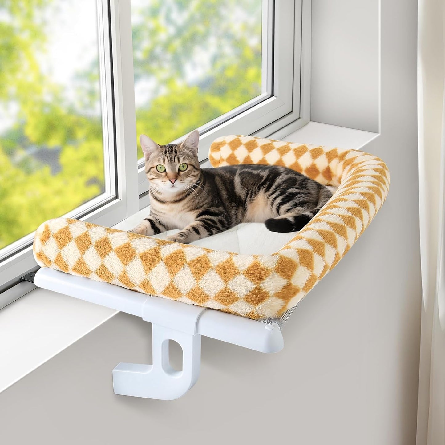 Sunhoo Cat Window Perch Hammock Sturdy Windowsill Bed Seat for Large Cats No Drilling No Suction Adjustable Kitty Shelf with Washable Cover Easy Assembly Holds up to 40 lbs 24.8 * 15 in (Brown, L)