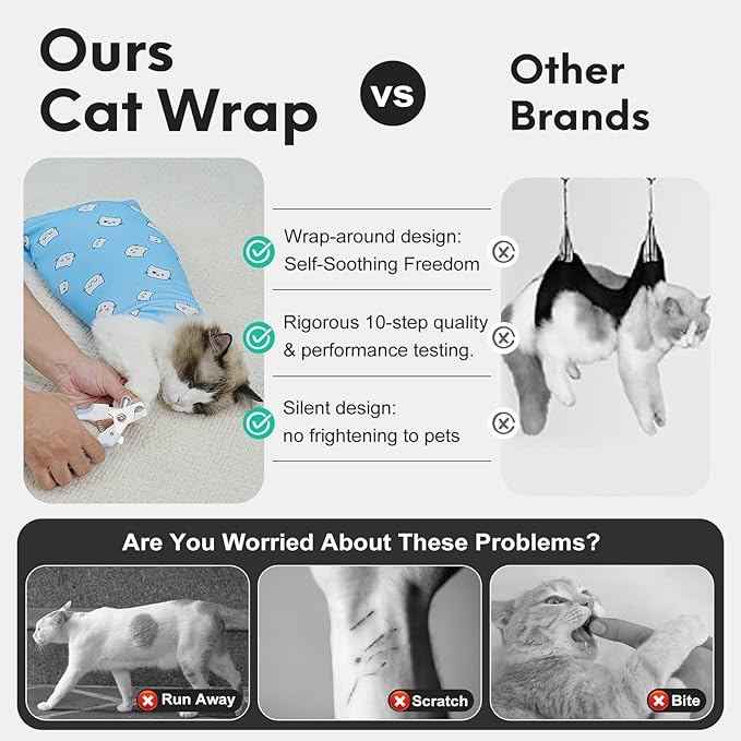 Cat Wrap for Cutting Nails, Self-Adhesive for Grooming, Anti-Scratch Cat Swaddle Wrap for Medicine, Nail Clipping, Teeth Brushing, Ear Cleaning
