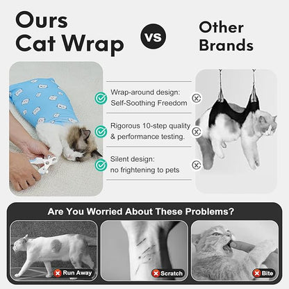 Cat Wrap for Cutting Nails, Self-Adhesive for Grooming, Anti-Scratch Cat Swaddle Wrap for Medicine, Nail Clipping, Teeth Brushing, Ear Cleaning