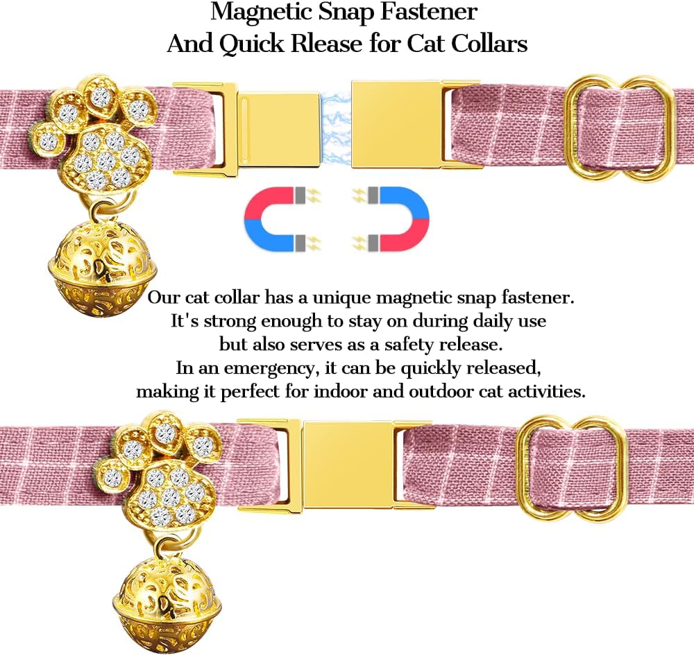 Personalized Breakaway Cat Collars - Magnetic Buckle, Bell - Safety Quick Release, Customized for Girls & Boys Cats - Herringbone