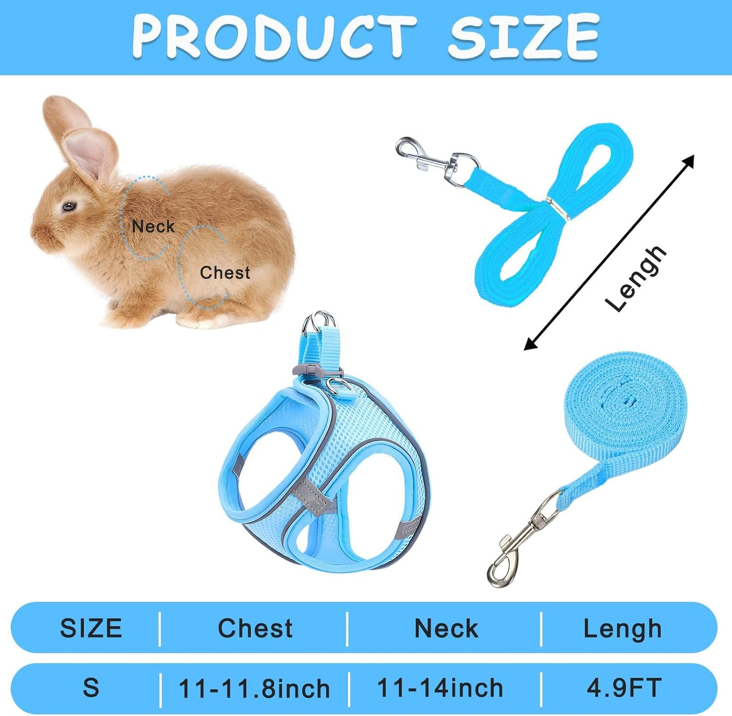 2 Pack Rabbit Harness and Leash Set, Double Buckle Bunnies Harness with Reflective Strips Soft Breathable Mesh Vest Harness for Rabbits Walks Accessories(Blue and Black)