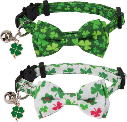 ADOGGYGO St. Patrick's Day Cat Collars with Bow Bell, Green Shamrock Pattern Kitten Collar with Removable Bowtie, Pet St Patricks Collars for Cats Kittens (St. Patrick's Day)